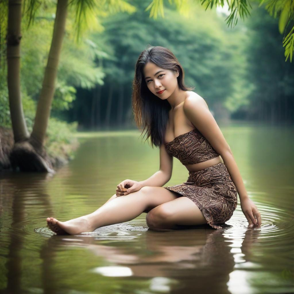 An attractive Indonesian woman in a provocative pose, wearing a thin, sexy, super mini batik skirt