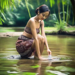 An attractive Indonesian woman in a provocative pose, wearing a thin, sexy, super mini batik skirt