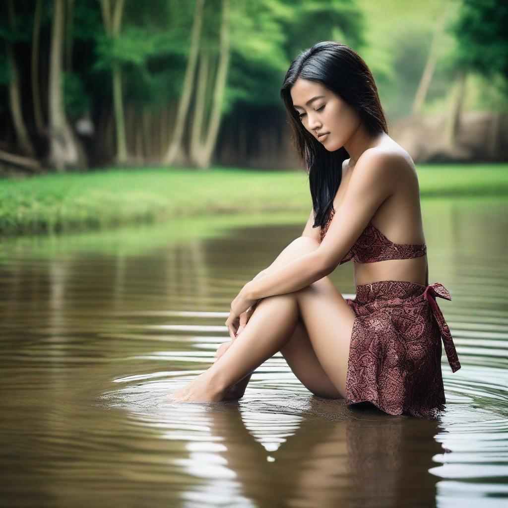 An attractive Indonesian woman in a provocative pose, wearing a thin, sexy, super mini batik skirt