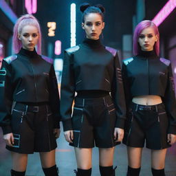 Cyberpunk school uniforms integrating stylish elements of the advanced futuristic counterculture, incorporating dark synthetic fabrics with high-tech details and vibrant neon highlights.