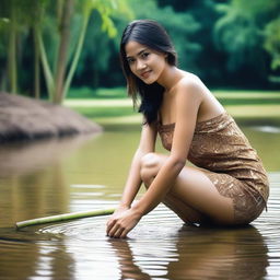 An attractive Indonesian woman in a provocative pose, wearing a thin, sexy, super mini batik skirt