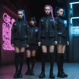 Cyberpunk school uniforms integrating stylish elements of the advanced futuristic counterculture, incorporating dark synthetic fabrics with high-tech details and vibrant neon highlights.