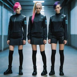 Cyberpunk school uniforms integrating stylish elements of the advanced futuristic counterculture, incorporating dark synthetic fabrics with high-tech details and vibrant neon highlights.