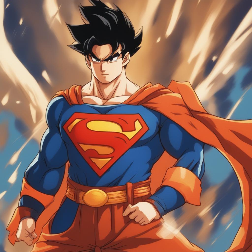 This is a depiction of Superman dressed as Goku from Dragonball Z, complete with Goku's outfit and hairstyle, but still retaining Superman's 'S' logo on his chest