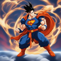 This is a depiction of Superman dressed as Goku from Dragonball Z, complete with Goku's outfit and hairstyle, but still retaining Superman's 'S' logo on his chest