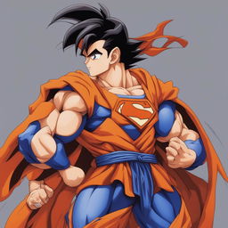 This is a depiction of Superman dressed as Goku from Dragonball Z, complete with Goku's outfit and hairstyle, but still retaining Superman's 'S' logo on his chest