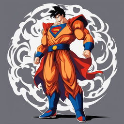 This is a depiction of Superman dressed as Goku from Dragonball Z, complete with Goku's outfit and hairstyle, but still retaining Superman's 'S' logo on his chest