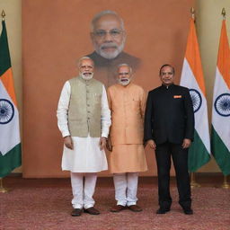 A portrait of Narendra Modi and Yogi Adityanath in a formal setting, with Indian tricolor in the backdrop.