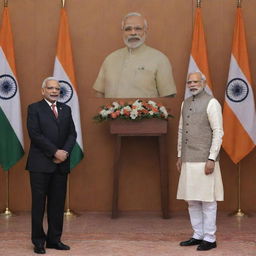 A portrait of Narendra Modi and Yogi Adityanath in a formal setting, with Indian tricolor in the backdrop.