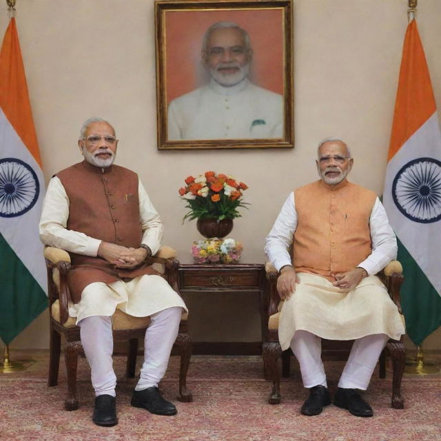 A portrait of Narendra Modi and Yogi Adityanath in a formal setting, with Indian tricolor in the backdrop.