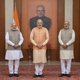 A portrait of Narendra Modi and Yogi Adityanath in a formal setting, with Indian tricolor in the backdrop.