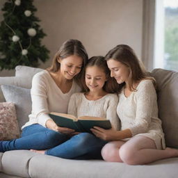 A heartwarming scene of a woman sharing a lovely moment with her daughters, perhaps a hug or reading a book together in a cosy setting.