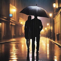 Create an image of a couple standing together under the midnight rain