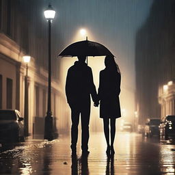 Create an image of a couple standing together under the midnight rain