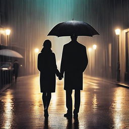 Create an image of a couple standing together under the midnight rain