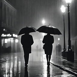 Create an image of a couple standing together under the midnight rain