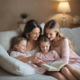 A heartwarming scene of a woman sharing a lovely moment with her daughters, perhaps a hug or reading a book together in a cosy setting.