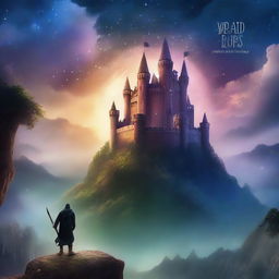 Generate an image of a fantasy book cover, featuring a magical kingdom with towering castles, mythical creatures, and a heroic figure standing against a backdrop of a starlit sky