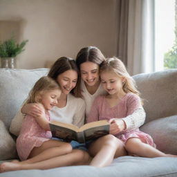 A heartwarming scene of a woman sharing a lovely moment with her daughters, perhaps a hug or reading a book together in a cosy setting.