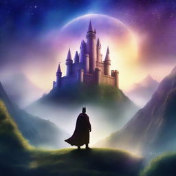 Generate an image of a fantasy book cover, featuring a magical kingdom with towering castles, mythical creatures, and a heroic figure standing against a backdrop of a starlit sky