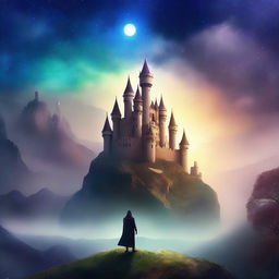 Generate an image of a fantasy book cover, featuring a magical kingdom with towering castles, mythical creatures, and a heroic figure standing against a backdrop of a starlit sky