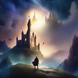 Generate an image of a fantasy book cover, featuring a magical kingdom with towering castles, mythical creatures, and a heroic figure standing against a backdrop of a starlit sky