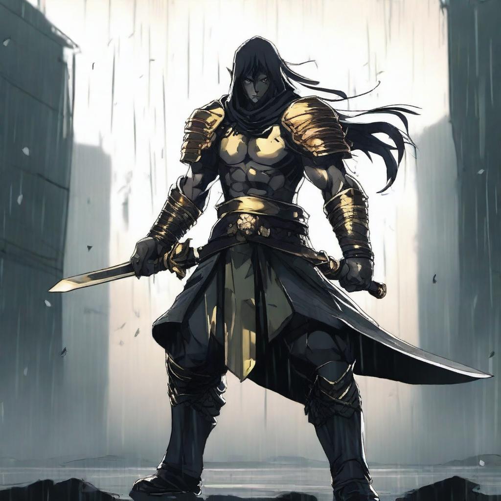 Generate an image of a warrior holding two golden swords