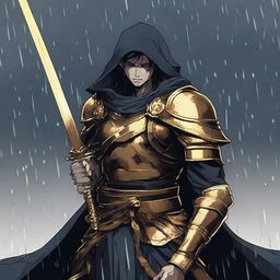 Generate an image of a warrior holding two golden swords