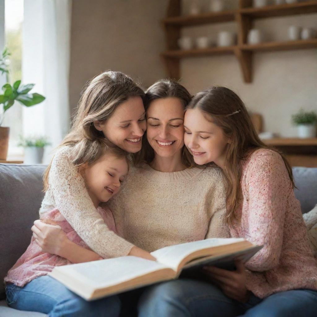 A heartwarming scene of a woman sharing a lovely moment with her daughters, perhaps a hug or reading a book together in a cosy setting.