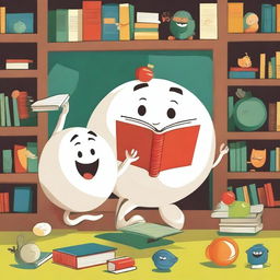 A playful scene where books are playing with a ball