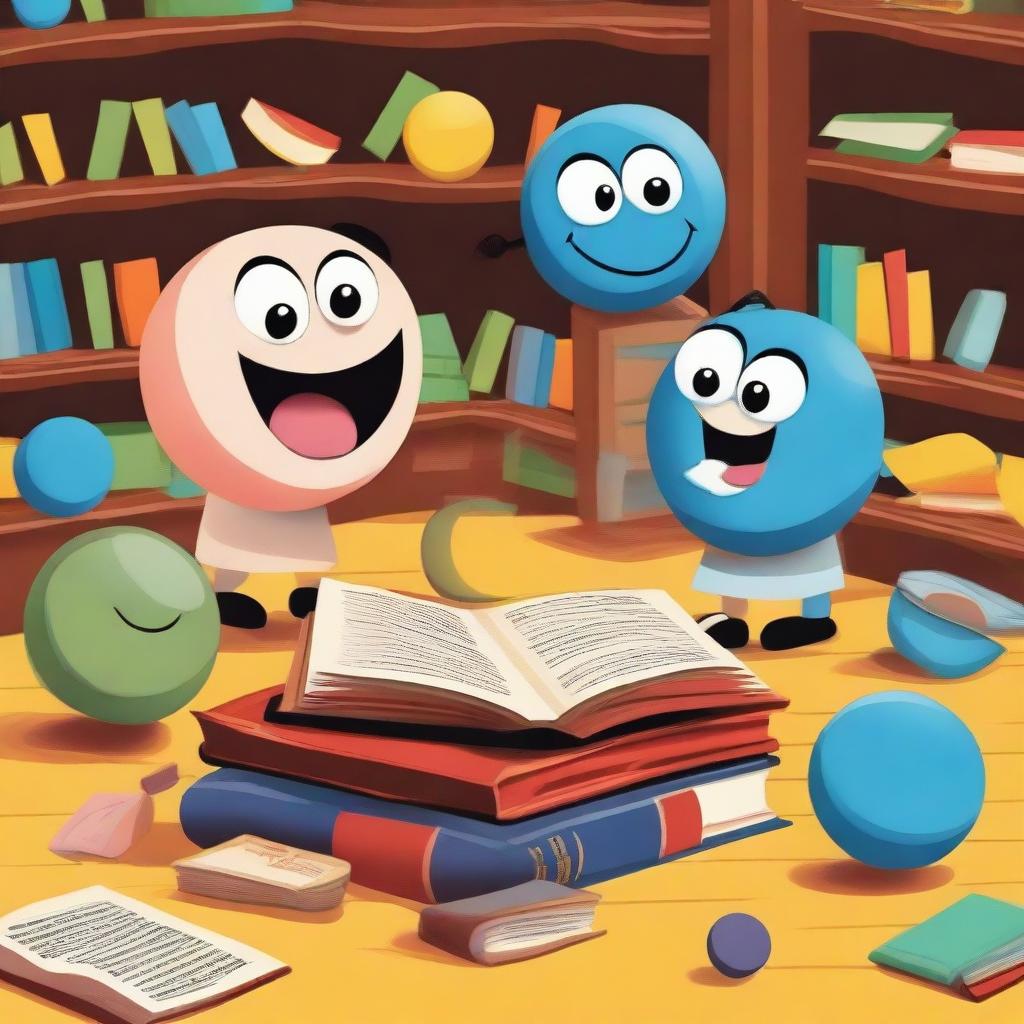 A playful scene where books are playing with a ball