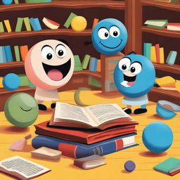 A playful scene where books are playing with a ball