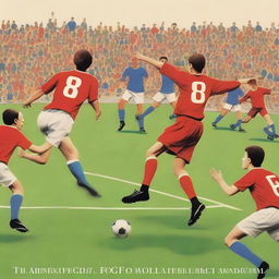 A whimsical image of a football match taking place between books