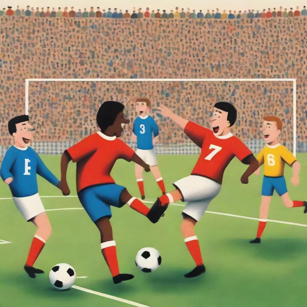 A whimsical image of a football match taking place between books