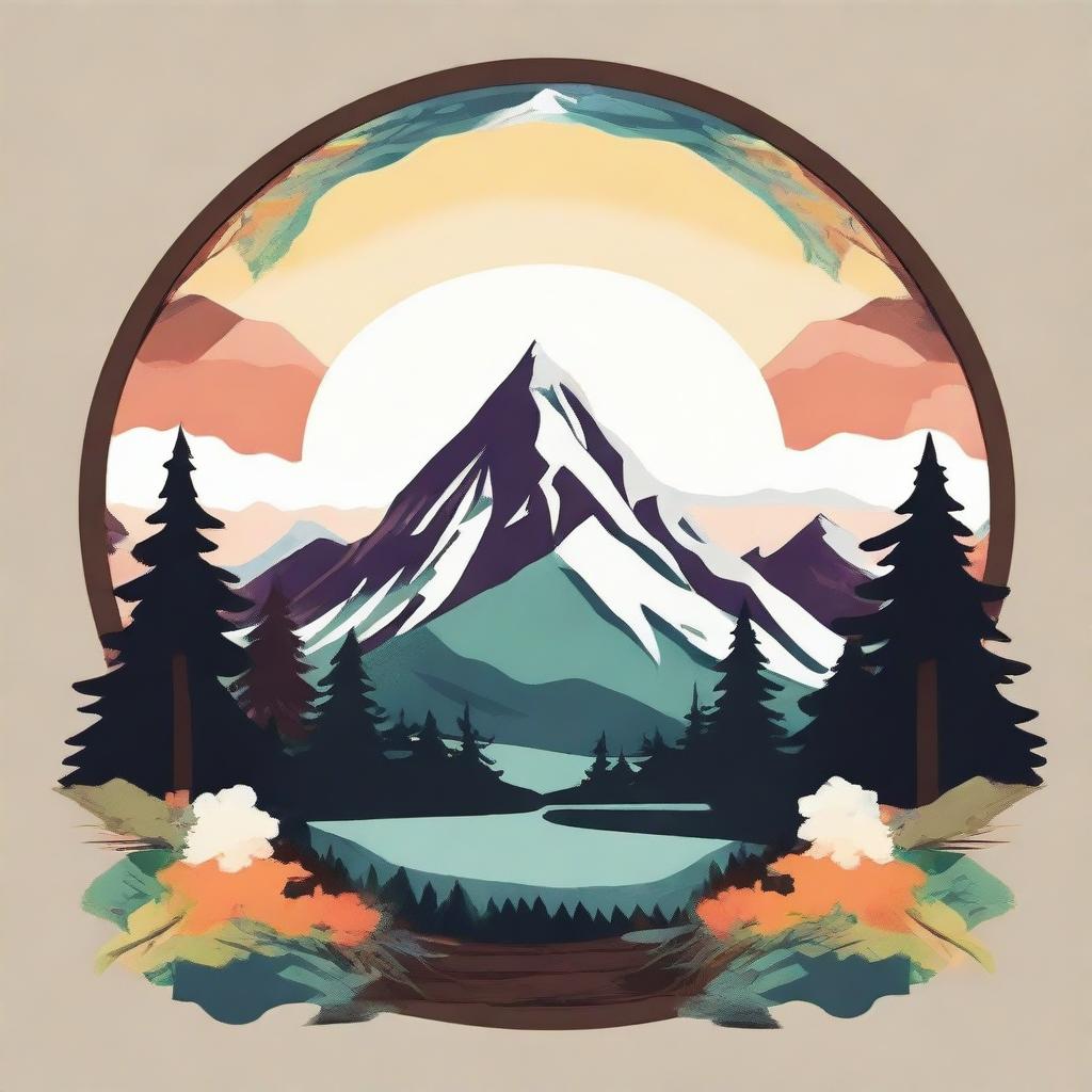 Generate an image featuring a serene mountain landscape combined with elements of a hippie design