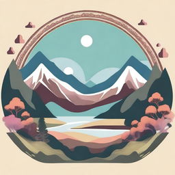 Generate an image featuring a serene mountain landscape combined with elements of a hippie design