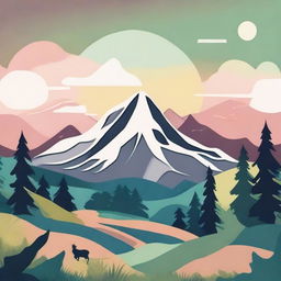 Generate an image featuring a serene mountain landscape combined with elements of a hippie design