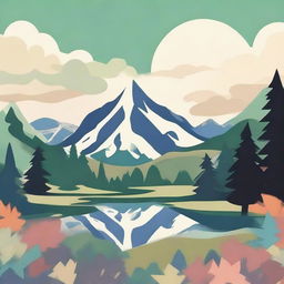 Generate an image featuring a serene mountain landscape combined with elements of a hippie design