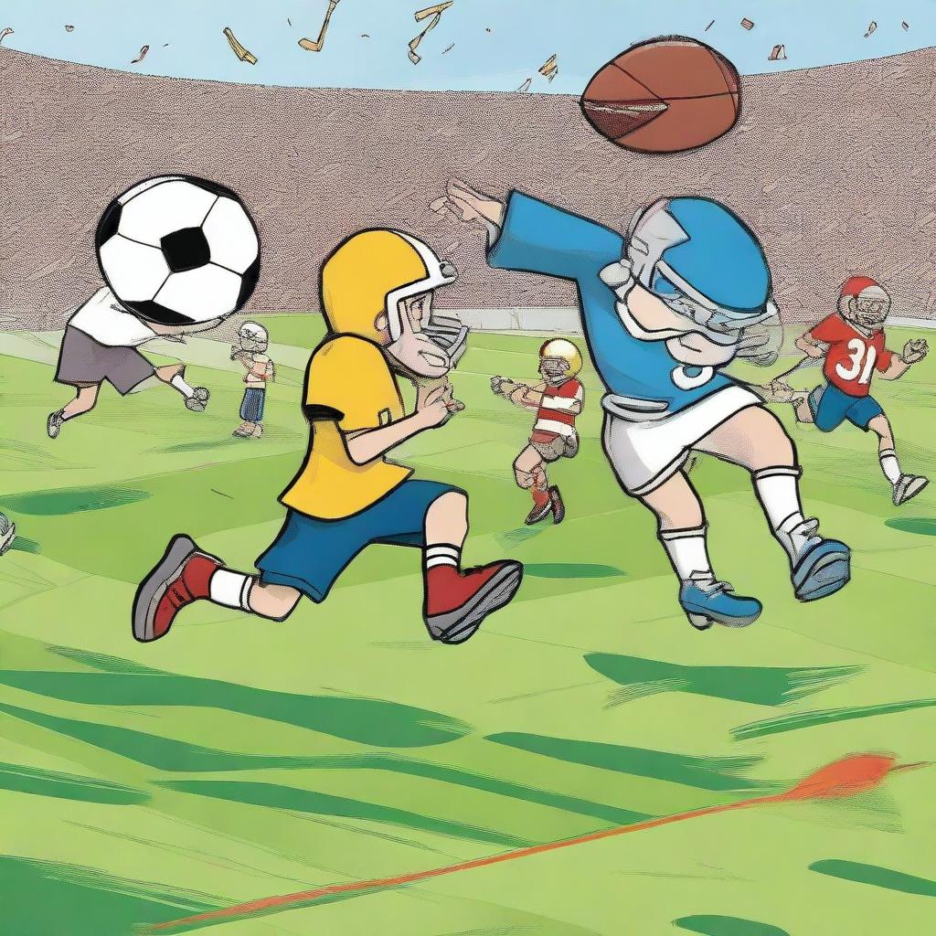 Books playing football with each other in an animated, lively scene