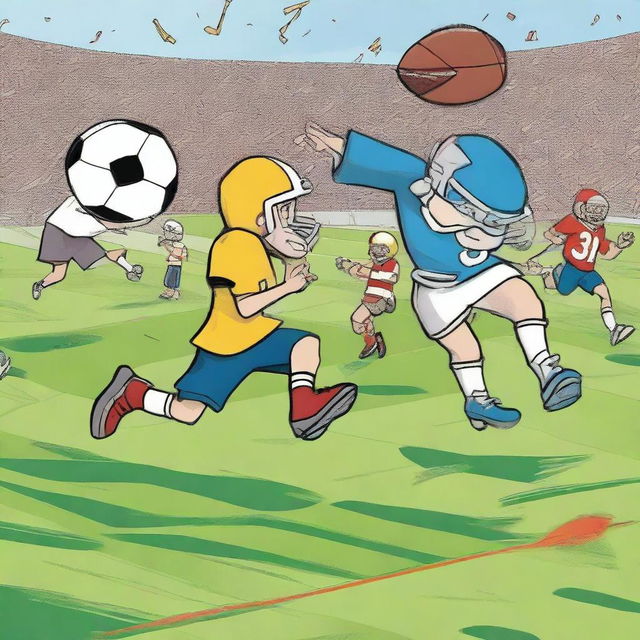 Books playing football with each other in an animated, lively scene