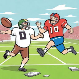 Books playing football with each other in an animated, lively scene