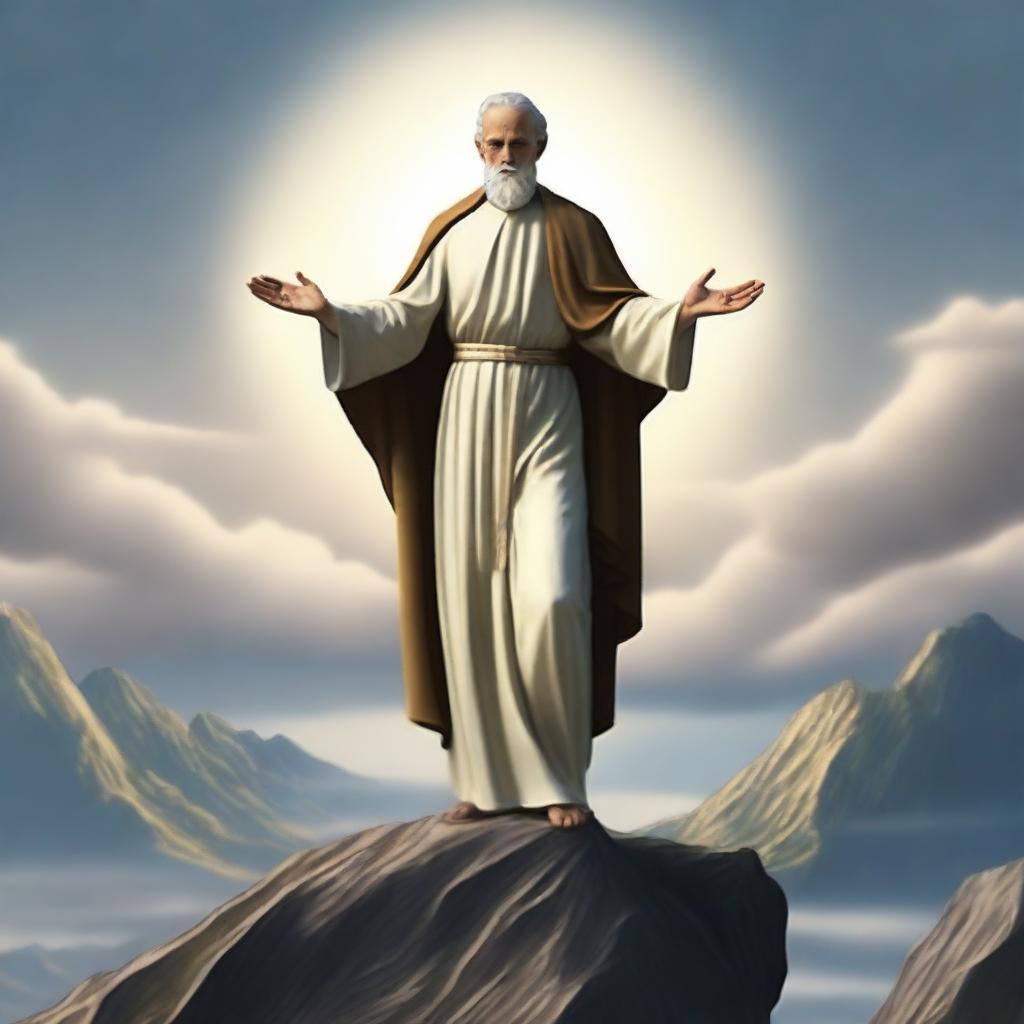 Generate an image of a saint standing on a mountain