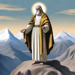 Generate an image of a saint standing on a mountain