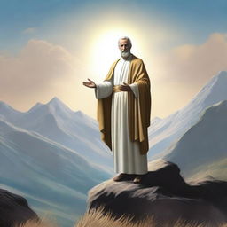 Generate an image of a saint standing on a mountain