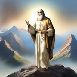 Generate an image of a saint standing on a mountain