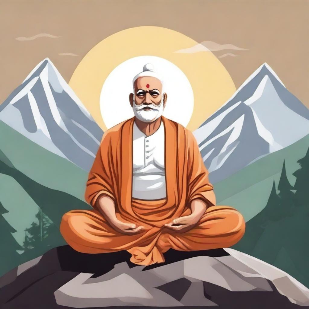 Generate an image of a Hindu saint meditating on a mountain