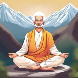 Generate an image of a Hindu saint meditating on a mountain