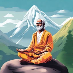 Generate an image of a Hindu saint meditating on a mountain