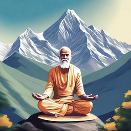 Generate an image of a Hindu saint meditating on a mountain