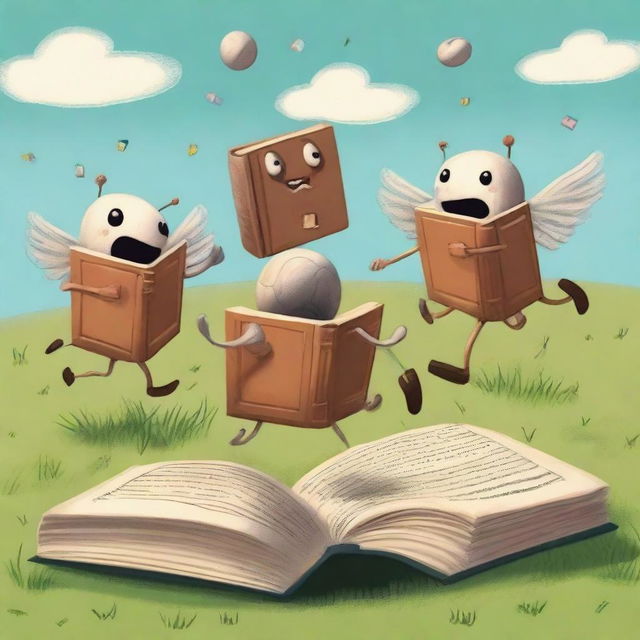 Imagine a whimsical scene where anthropomorphic books are playing a game of football